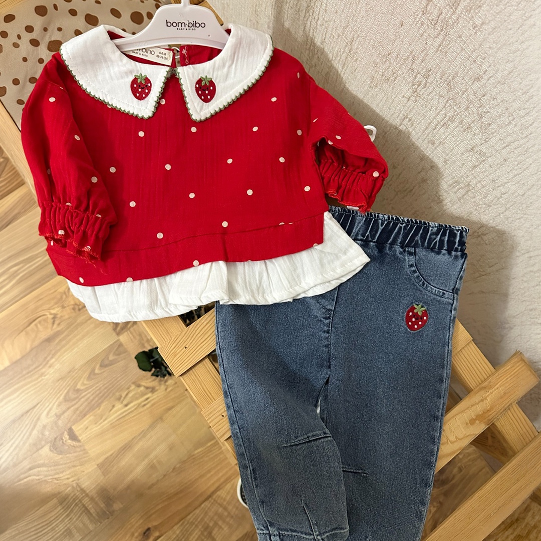 Çilek Nakışlı Müslin Bluz Kot 2'li Kız Bebek Takım