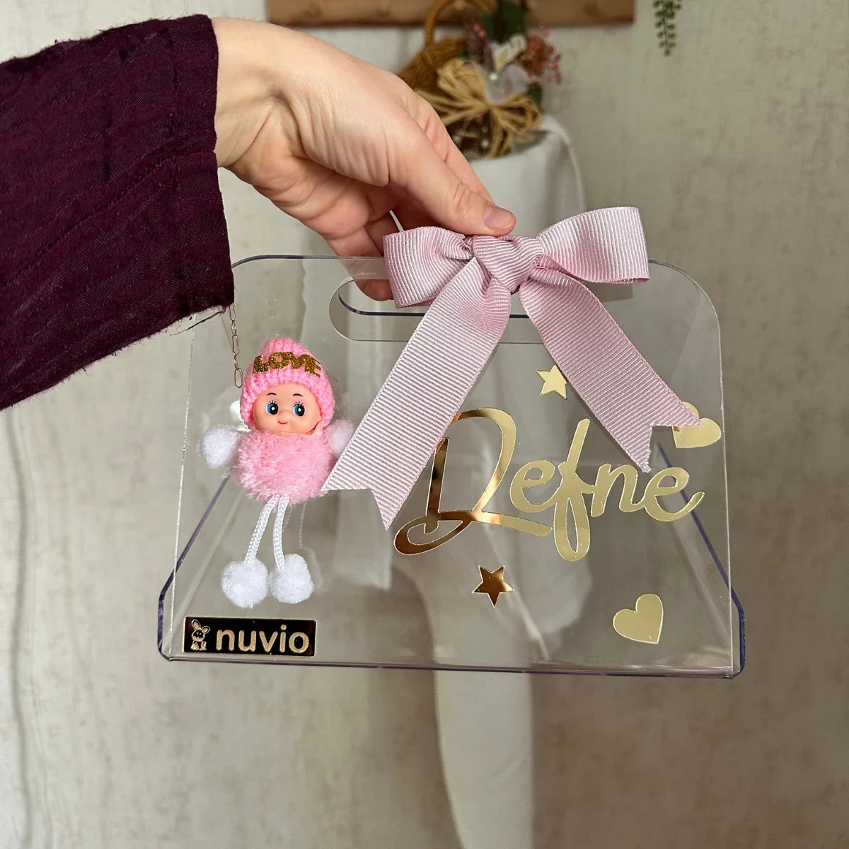 İsimli Süslü Pleksi Çanta - Baby Shower, Hoş Geldin Bebek Hediyesi, Yenidoğan Hediyesi, Bebek Çikolata Kutusu