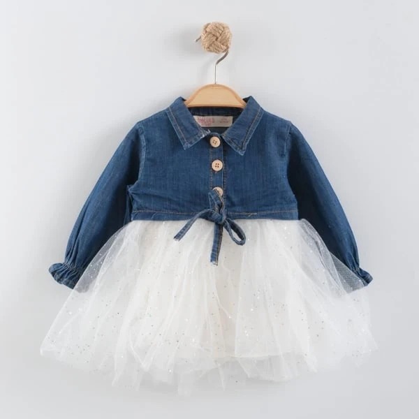 Denim Üst Tül Etekli Kız Bebek Elbise