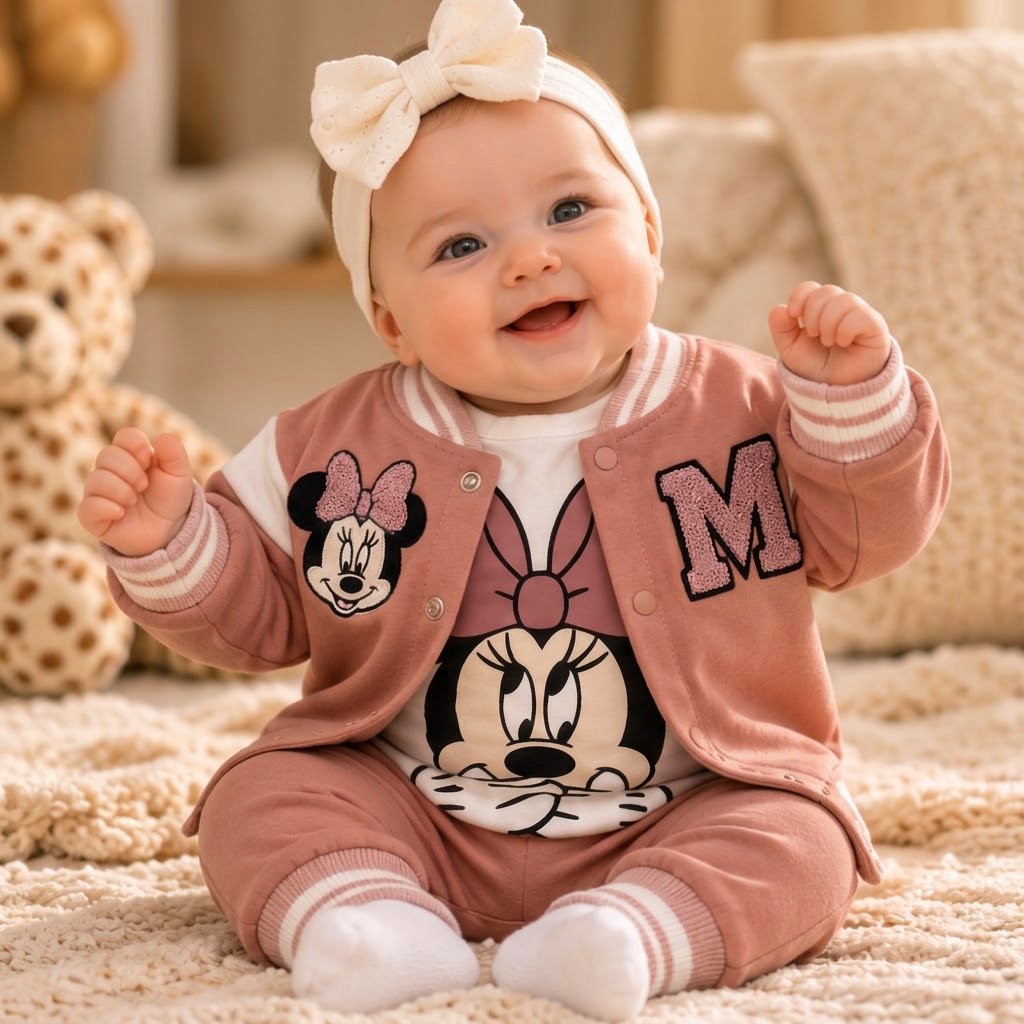 Minnie Desenli Pembe Kız Bebek 3'lü Takım