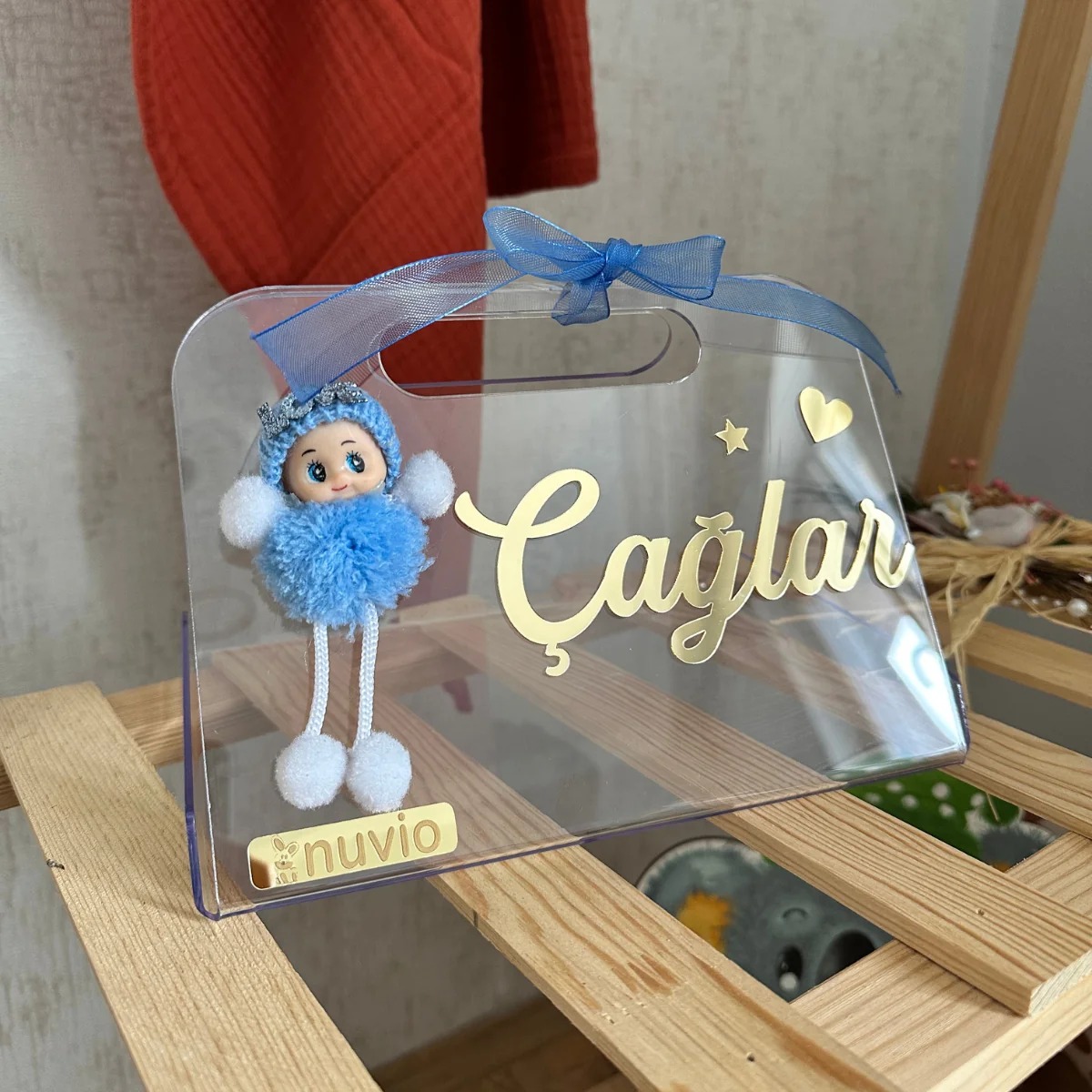 İsimli Süslü Pleksi Çanta - Baby Shower, Hoş Geldin Bebek Hediyesi, Yenidoğan Hediyesi, Bebek Çikolata Kutusu