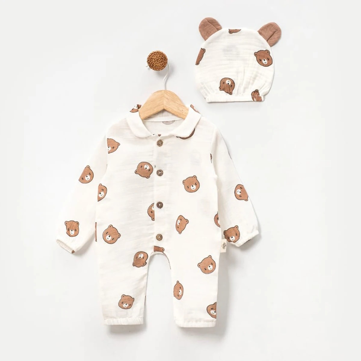 Pamuklu Müslin Unisex Ayıcık Desenli Şapkalı Bebek Tulum - 2'li Set 0-3 Ay