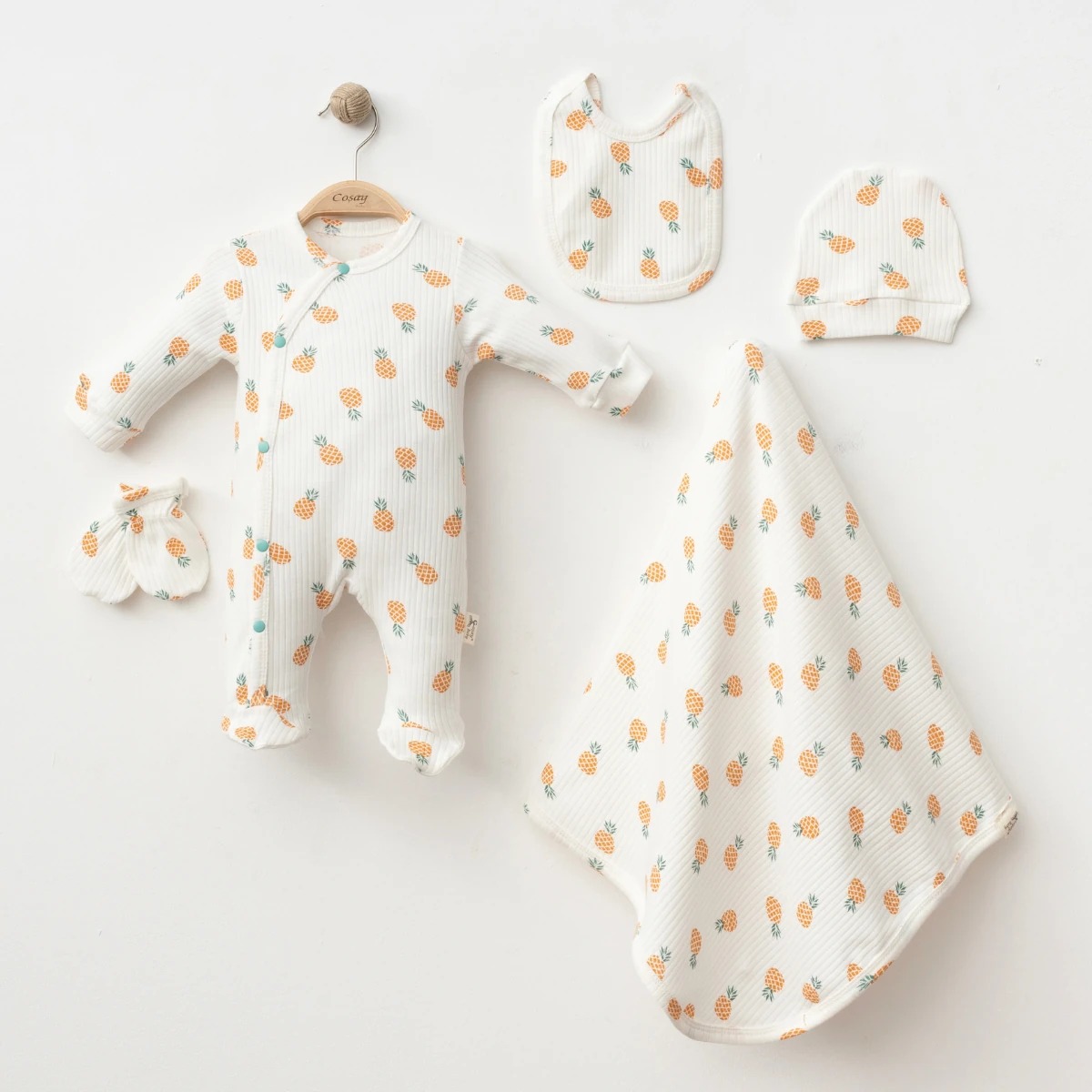 Unisex Ananas Desenli Battaniyeli 0-3 Ay 5'li Set