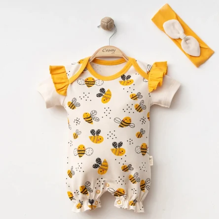 Organik Pamuklu Arı Desenli Kız Bebek Tulum Seti - 2'li Bandana Takımlı