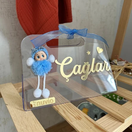 İsimli Süslü Pleksi Çanta - Baby Shower, Hoş Geldin Bebek Hediyesi, Yenidoğan Hediyesi, Bebek Çikolata Kutusu