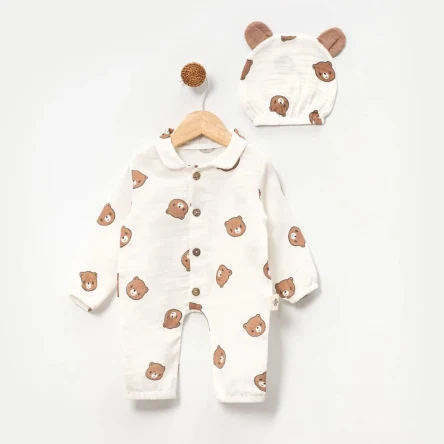 Pamuklu Müslin Unisex Ayıcık Desenli Şapkalı Bebek Tulum - 2'li Set 0-3 Ay