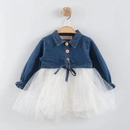 Denim Üst Tül Etekli Kız Bebek Elbise