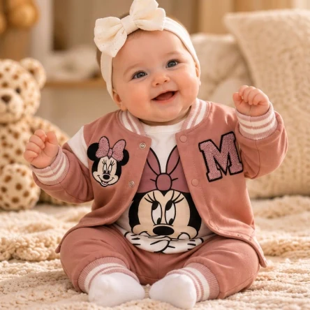 Minnie Desenli Pembe Kız Bebek 3'lü Takım