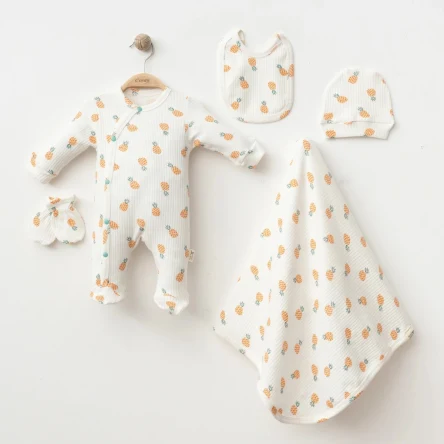 Unisex Ananas Desenli Battaniyeli 0-3 Ay 5'li Set