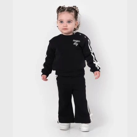 Kurdele Detaylı Siyah 3 İplik Kışlık Kız Bebek Takım